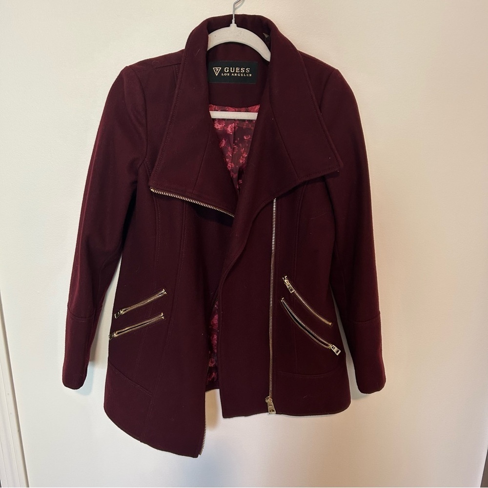 Women's Guess Burgundy Wool Blend Coat Gold Hardware Size Small